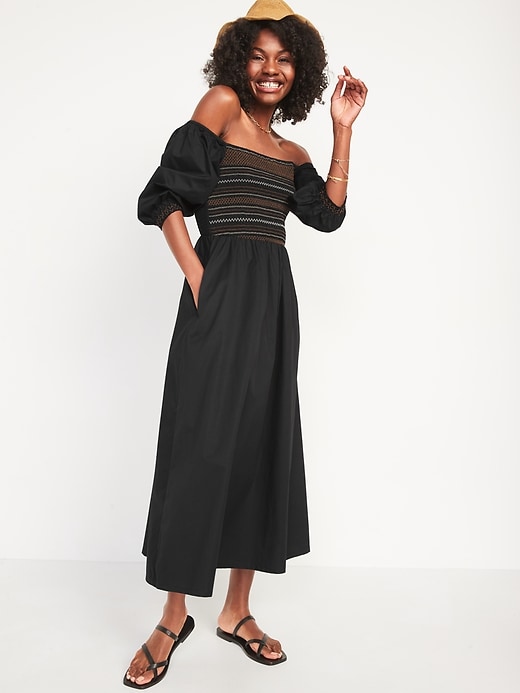 Image number 3 showing, Fit & Flare Off-the-Shoulder Cotton-Poplin Smocked Maxi Dress for Women
