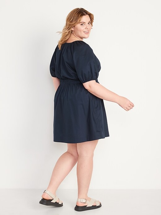 Image number 8 showing, Waist-Defined Puff-Sleeve Cotton-Poplin Side-Cutout Mini Dress for Women