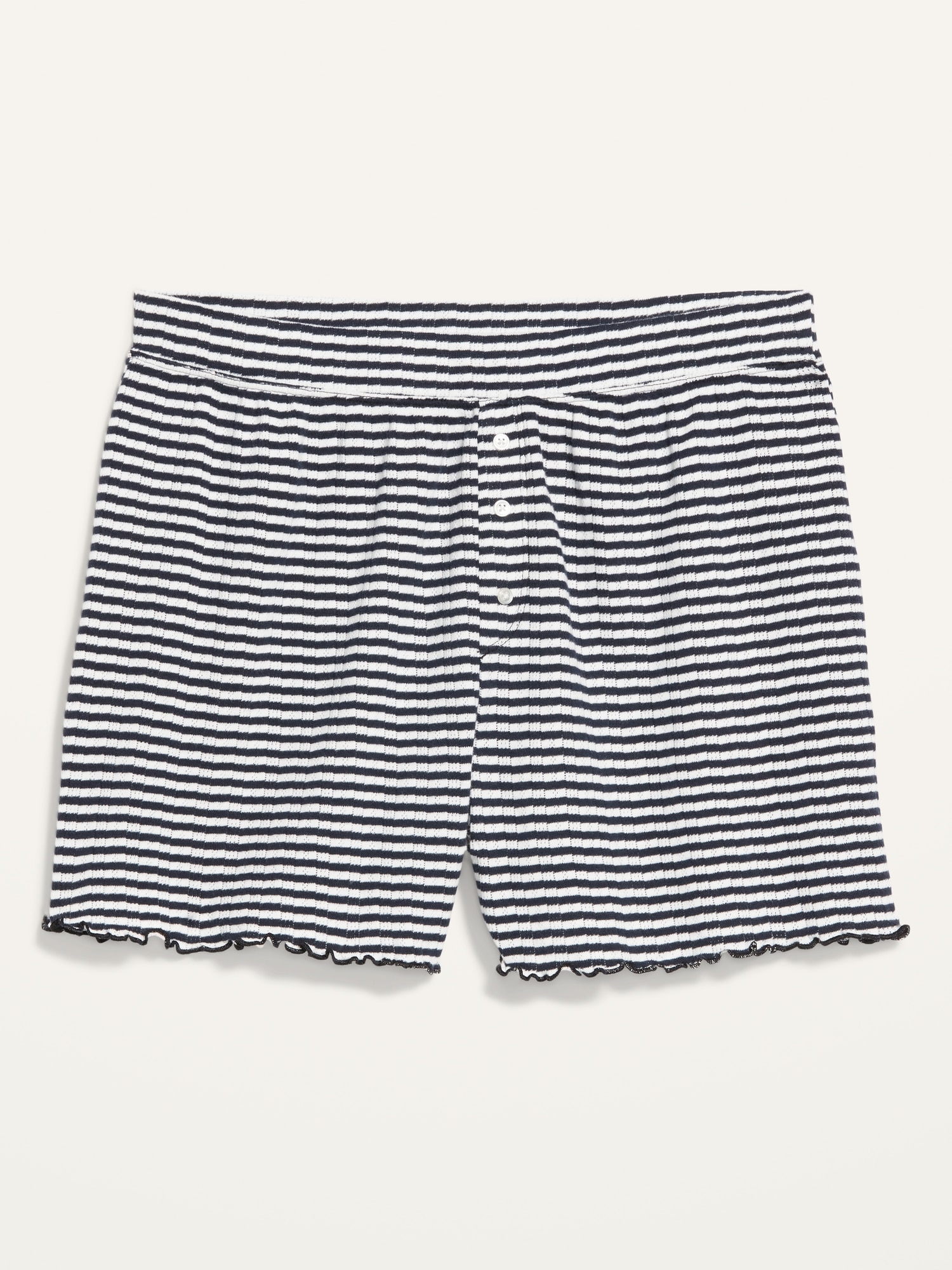 High-Waisted Striped Lettuce-Edge Pointelle-Knit Pajama Shorts for