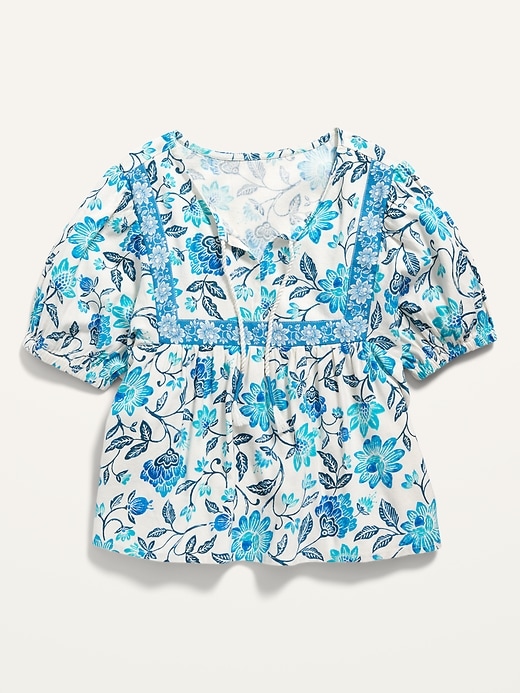 View large product image 2 of 3. Puff-Sleeve Poplin Floral-Print Swing Top for Girls