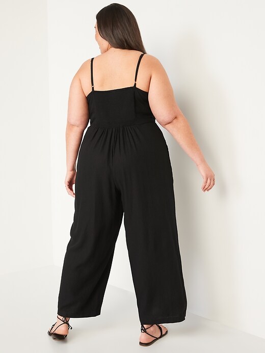 Image number 8 showing, Cropped Knotted Cutout Smocked Linen-Blend Wide-Leg Jumpsuit for Women