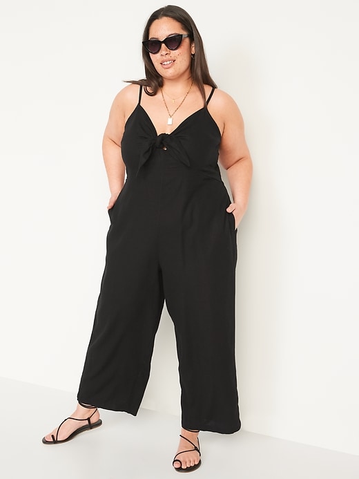 Image number 7 showing, Cropped Knotted Cutout Smocked Linen-Blend Wide-Leg Jumpsuit for Women