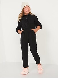 Long-Sleeve Button-Front Utility Jumpsuit for Girls