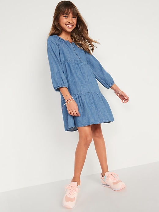 View large product image 2 of 3. Long-Sleeve Tiered All-Day Jean Dress for Girls