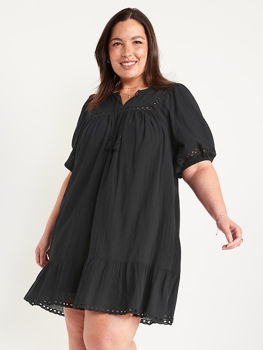 Image number 7 showing, Puff-Sleeve Tie-Neck Eyelet Mini Swing Dress for Women