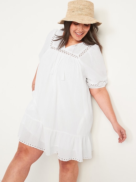 Image number 3 showing, Puff-Sleeve Tie-Neck Eyelet Mini Swing Dress for Women
