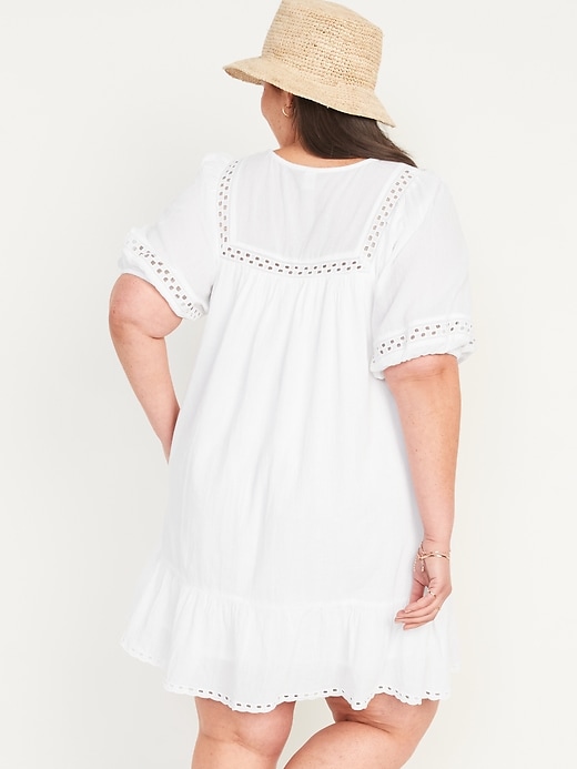 Image number 8 showing, Puff-Sleeve Tie-Neck Eyelet Mini Swing Dress for Women