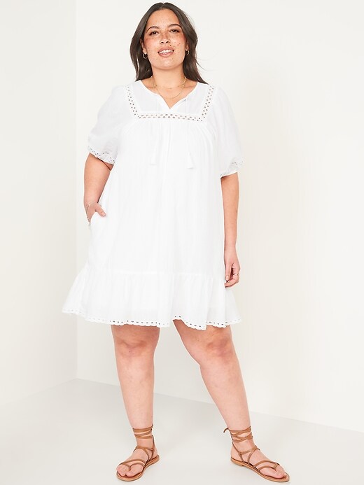 Image number 7 showing, Puff-Sleeve Tie-Neck Eyelet Mini Swing Dress for Women