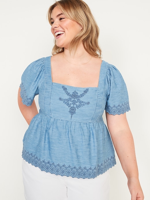 Matching Chambray Flutter-Sleeve Embroidered Tie-Back Top for Women ...