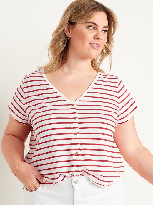 Image number 7 showing, Striped Slub-Knit V-Neck Button-Front Top for Women