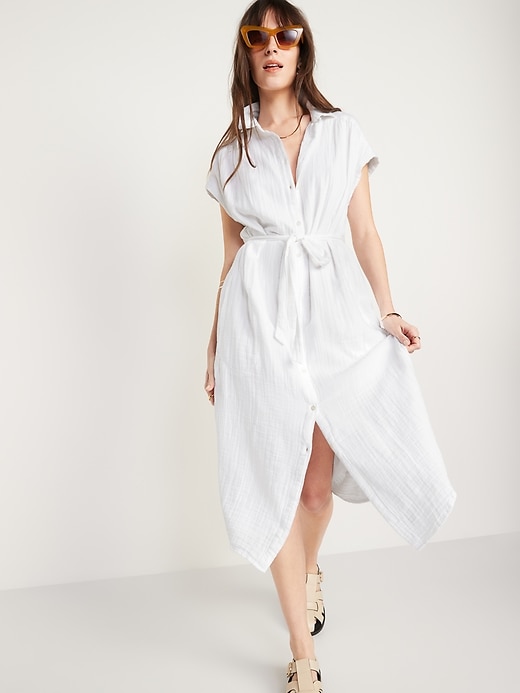Image number 1 showing, Short-Sleeve Waist-Defined Midi Shirt Dress