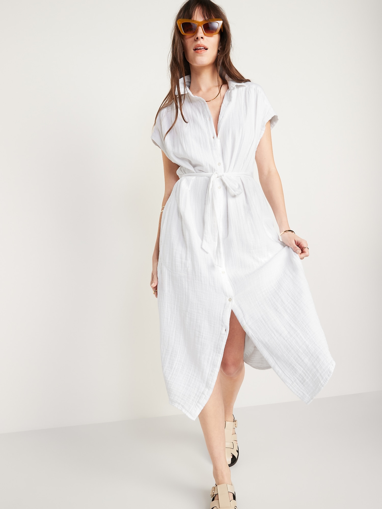 Old Navy Short-Sleeve Waist-Defined Midi Shirt Dress for Women white. 1