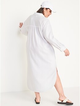 Long-Sleeve Linen-Blend Midi Shirt Dress for Women