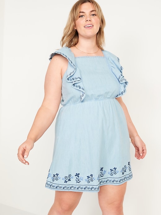 Image number 7 showing, Waist-Defined Flutter-Sleeve Ruffled Jean Mini Dress for Women