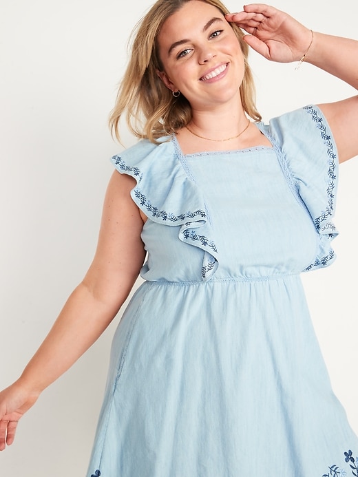 Image number 3 showing, Waist-Defined Flutter-Sleeve Ruffled Jean Mini Dress for Women