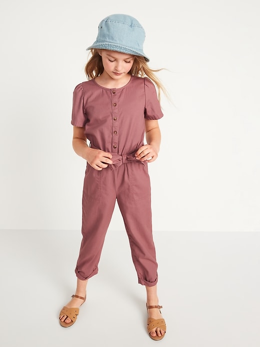 View large product image 2 of 3. Twill Tie-Belt Utility Jumpsuit for Girls