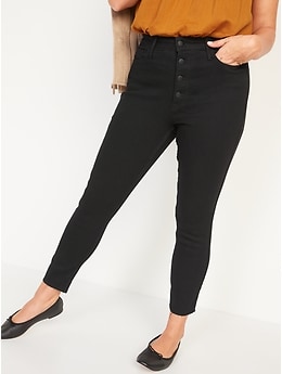 Old Navy Extra High-Waisted Button-Fly Rockstar 360° Stretch Super Skinny Black Cut-Off Ankle Jeans for Women