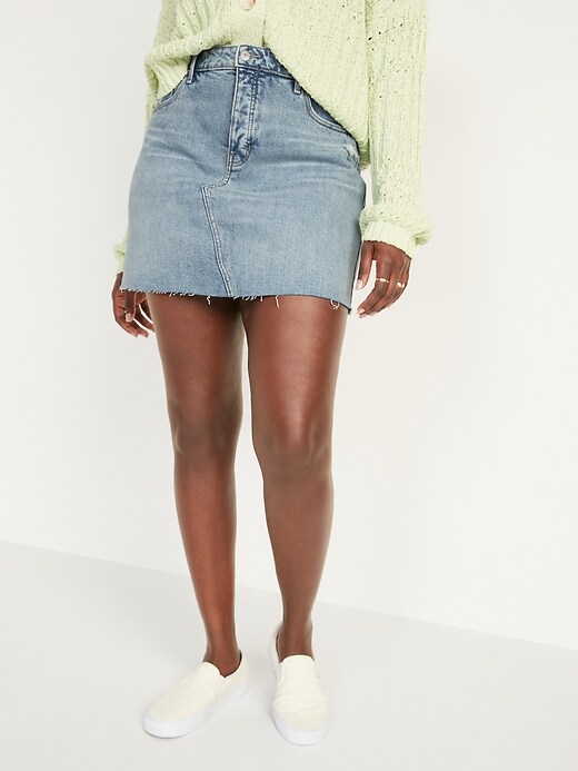 Image number 5 showing, High-Waisted Button-Fly Ripped Cut-Off Jean Skirt for Women