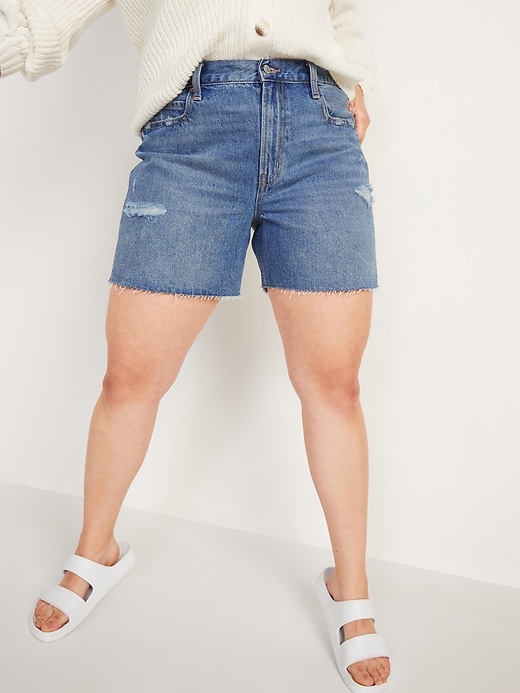 Image number 5 showing, High-Waisted Slouchy Straight Cut-Off Jean Shorts for Women -- 5-inch inseam