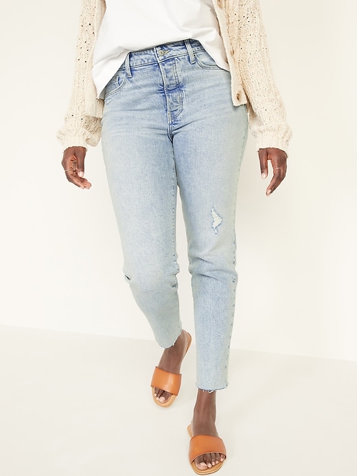Image number 5 showing, High-Waisted O.G. Straight Button-Fly Cut-Off Jeans for Women