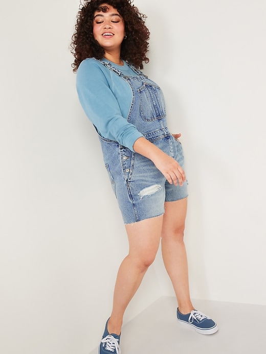 Image number 5 showing, Slouchy Workwear Ripped Cut-Off Jean Short Overalls for Women -- 3.5-inch inseam