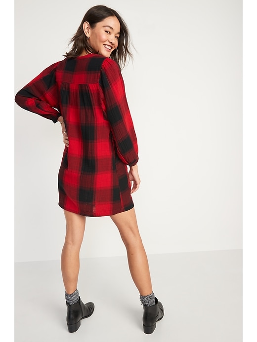 Image number 2 showing, Long-Sleeve Plaid Mini Swing Dress for Women