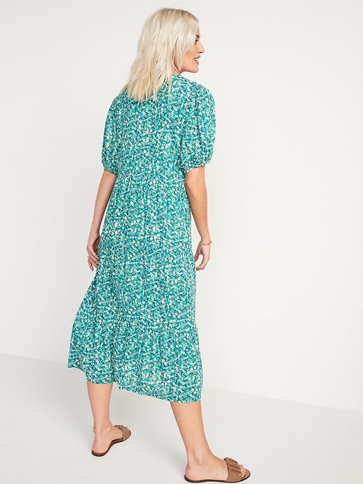 Image number 2 showing, Floral Puff-Sleeve Button-Front Midi Swing Dress
