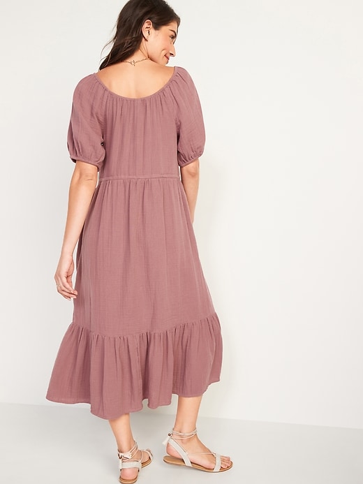 Image number 2 showing, Puff-Sleeve Scoop-Neck Waist-Defined Midi Dress for Women