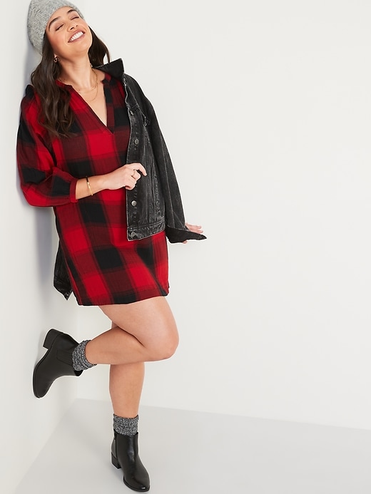 Image number 5 showing, Long-Sleeve Plaid Mini Swing Dress for Women
