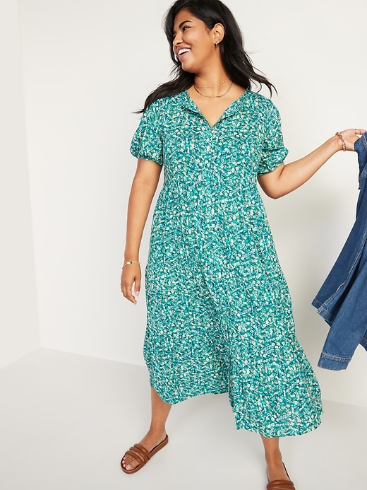 Image number 5 showing, Floral Puff-Sleeve Button-Front Midi Swing Dress