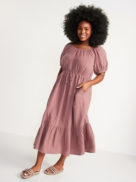 Image number 5 showing, Puff-Sleeve Scoop-Neck Waist-Defined Midi Dress for Women