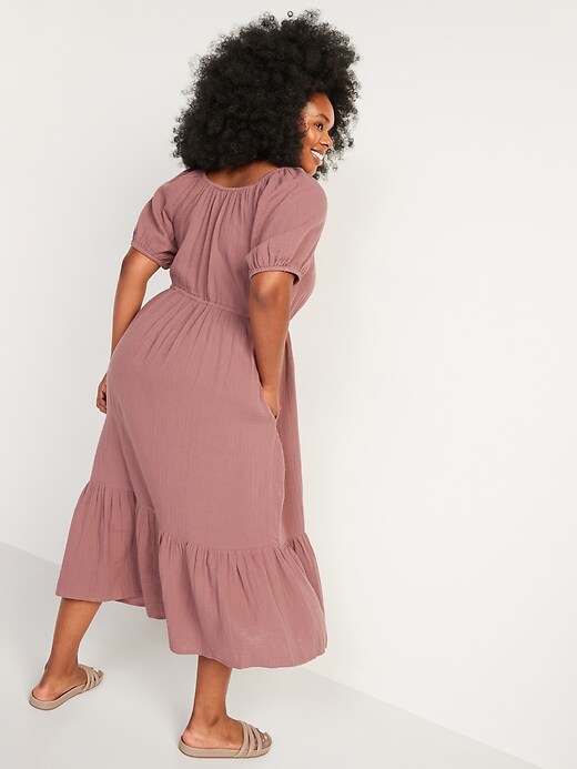 Image number 6 showing, Puff-Sleeve Scoop-Neck Waist-Defined Midi Dress for Women
