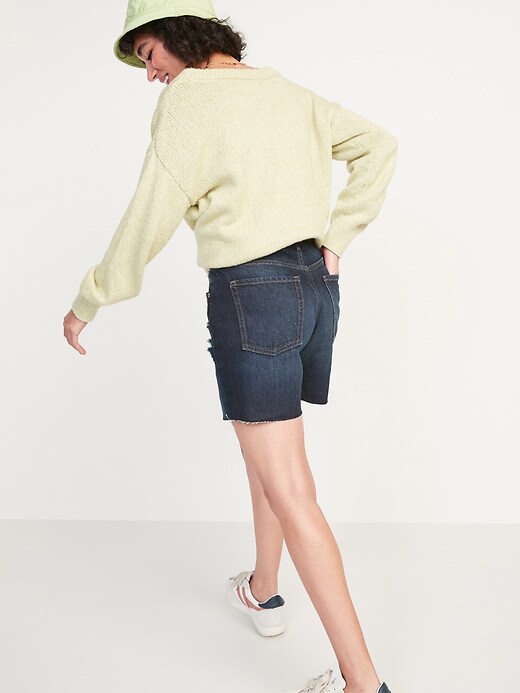 Image number 2 showing, High-Waisted Slouchy Straight Ripped Cut-Off Jean Shorts -- 5-inch inseam