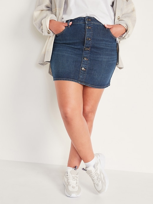 Image number 5 showing, High-Waisted Button-Front Mini Jean Skirt for Women