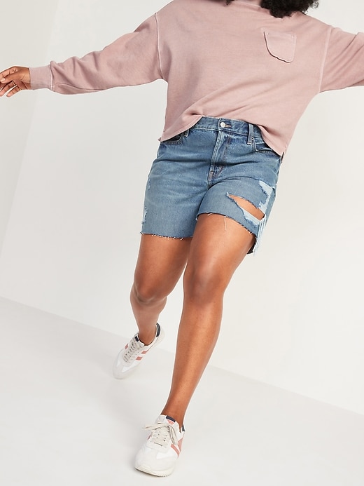 Image number 5 showing, High-Waisted Slouchy Straight Ripped Cut-Off Jean Shorts for Women-- 5-inch inseam