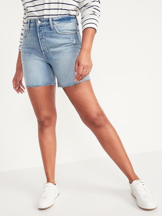 Image number 5 showing, High-Waisted Button-Fly OG Straight Ripped Cut-Off Jean Shorts for Women -- 5-inch inseam