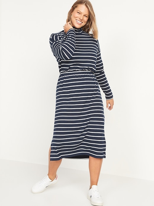 Image number 5 showing, Long-Sleeve Waist-Defined Rib-Knit Striped Midi Sweater Dress