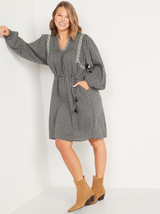 Image number 5 showing, Oversized Long-Sleeve Printed Mini Swing Dress for Women