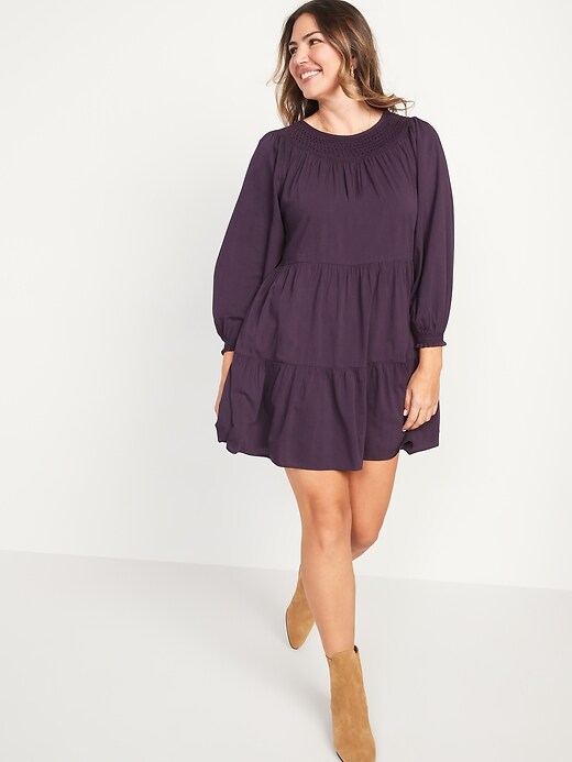 Image number 4 showing, Long-Sleeve Tiered Smocked Embroidered Mini Swing Dress