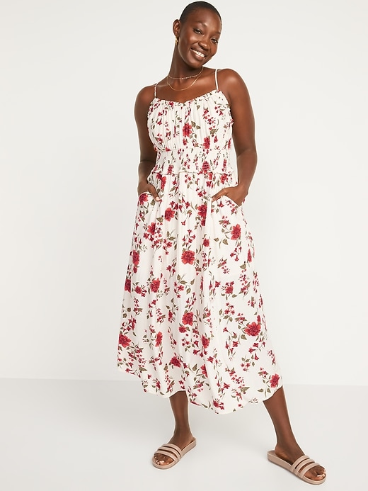 Image number 5 showing, Sleeveless Fit & Flare Smocked Floral-Print Midi Cami Dress