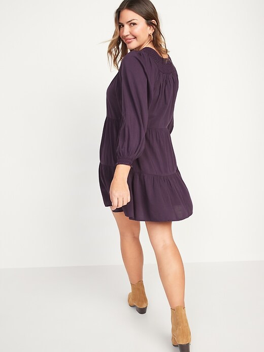Image number 5 showing, Long-Sleeve Tiered Smocked Embroidered Mini Swing Dress for Women