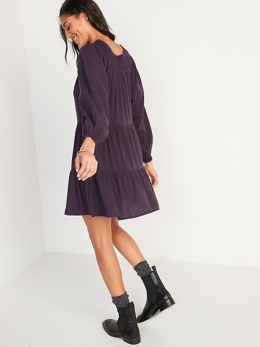 Image number 2 showing, Long-Sleeve Tiered Smocked Embroidered Mini Swing Dress