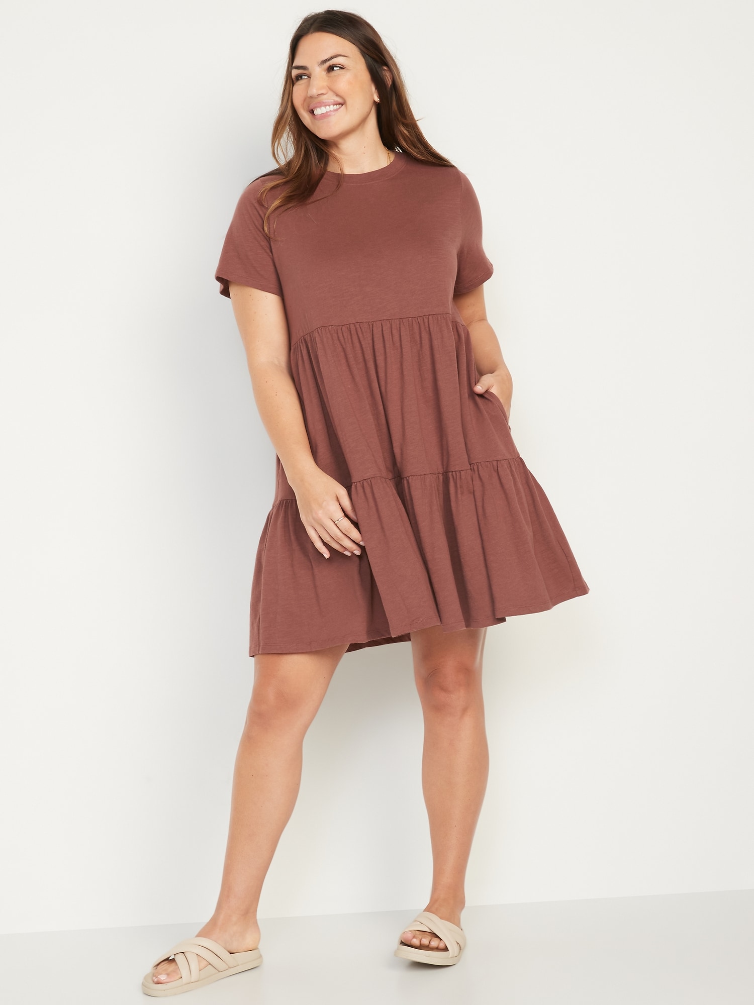 ShortSleeve Tiered SlubKnit Mini Swing Dress for Women Old Navy