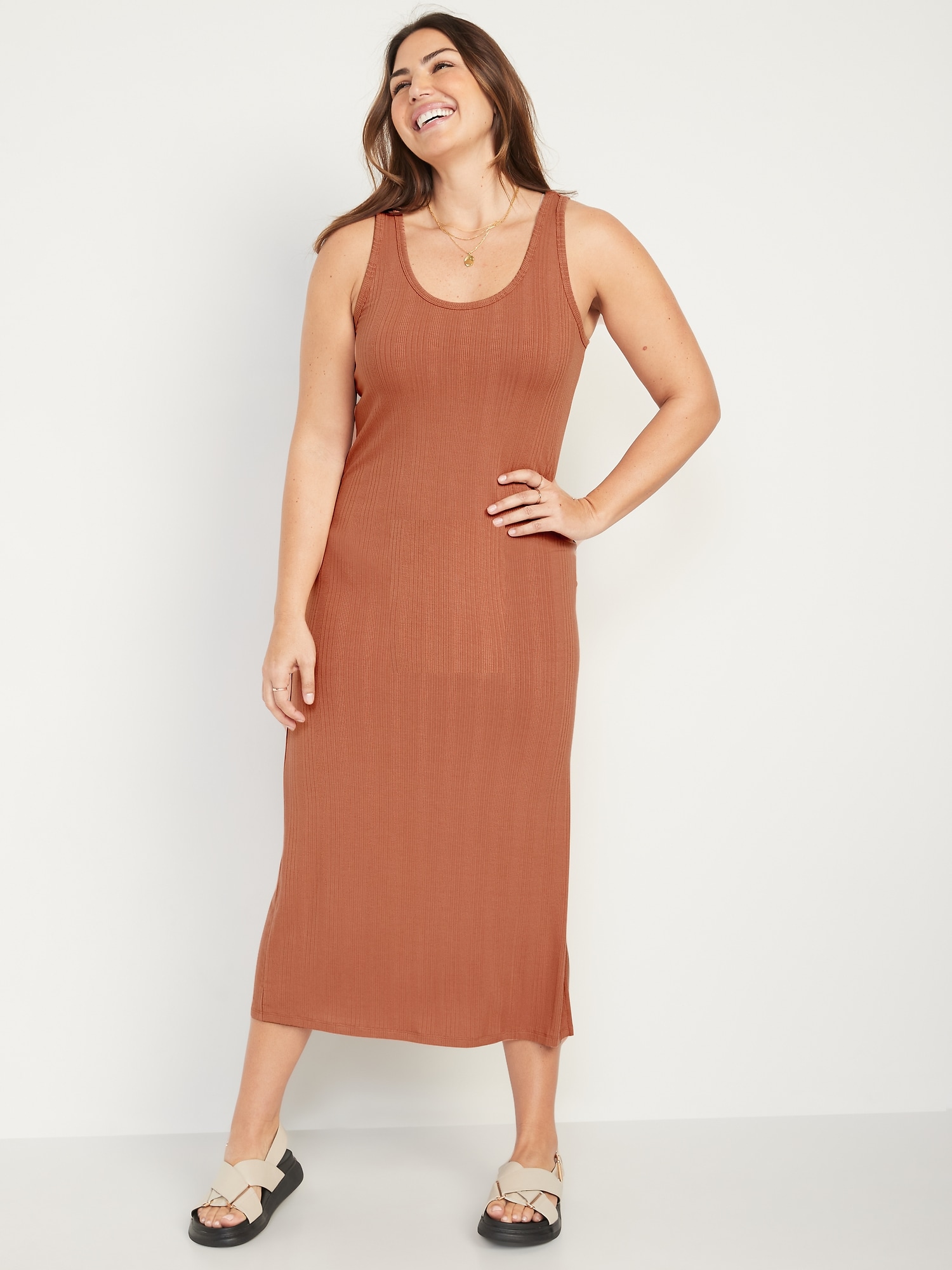 Fitted Sleeveless Rib-Knit Midi Dress 