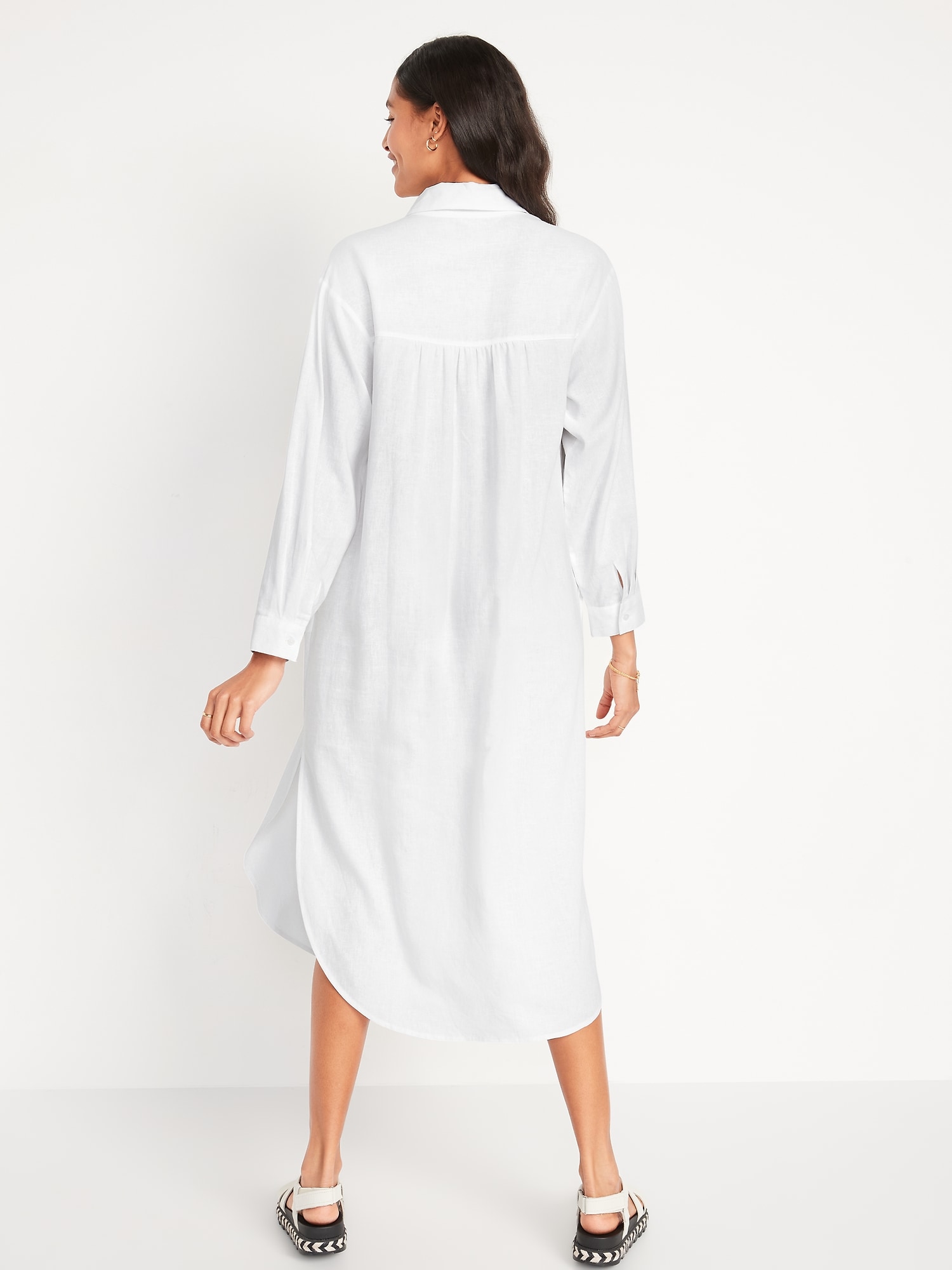 Long-Sleeve Linen-Blend Midi Shirt Dress for Women