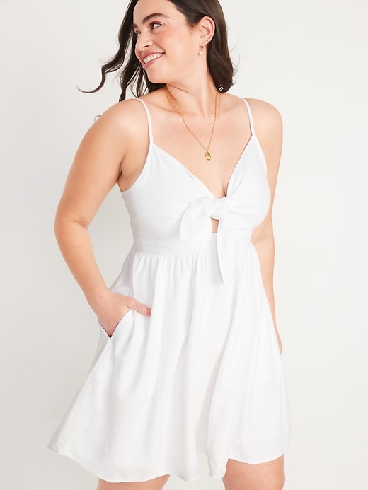 Image number 4 showing, Fit & Flare Tie-Front Smocked Linen-Blend Mini Cami Dress