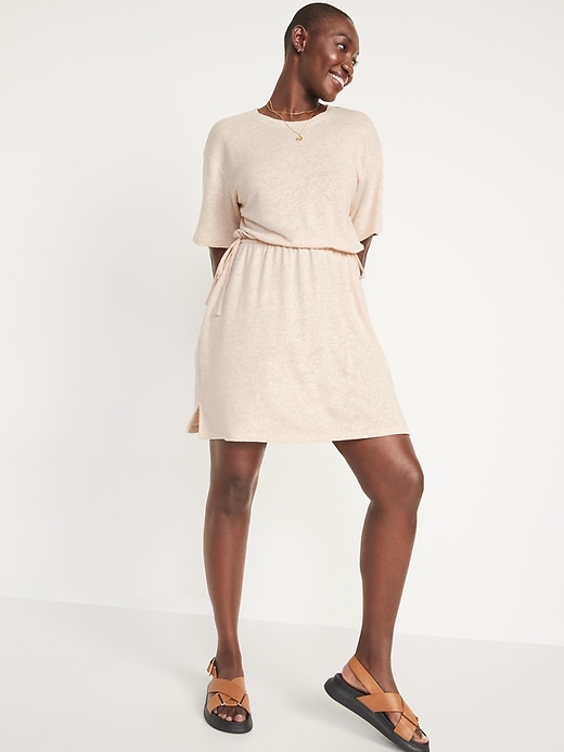 Image number 5 showing, Waist-Defined Short-Sleeve Linen-Blend Mini Dress for Women