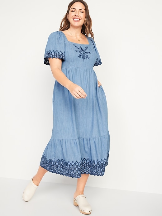 Fit & Flare Flutter-Sleeve Tie-Back Chambray Midi Dress for Women | Old ...