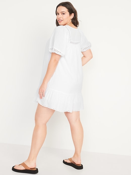 Image number 6 showing, Puff-Sleeve Tie-Neck Eyelet Mini Swing Dress for Women