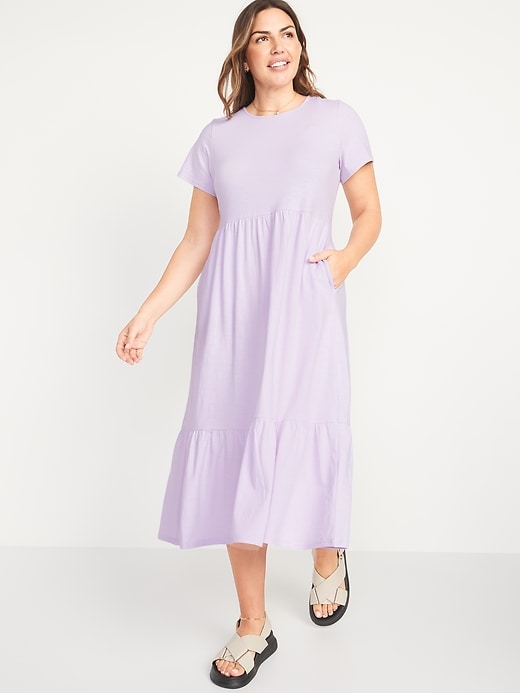 Image number 5 showing, Short-Sleeve Tiered Slub-Knit Midi Swing Dress for Women